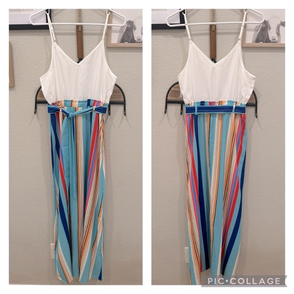 New! Color Block Striped Cami Maxi Dress With Elastic Waist & Belt Sz Small - Picture 2 of 11